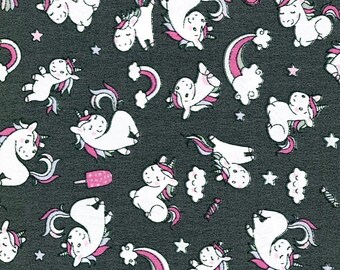 Happy Baby Unicorns on Grey, 100% Cotton Fabric, Sold by the Half Metre