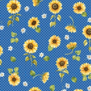 Sunflowers on Blue, Bright Spring Summer Fabric,  100% Cotton, Sold by the Half Metre