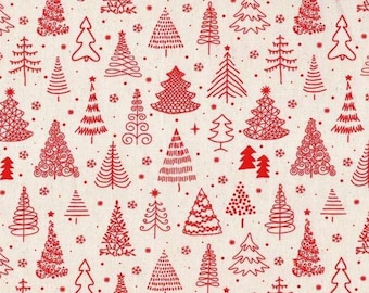 Red & Beige Scandinavian Christmas Fabric, Christmas Trees, Sold by the Half Metre