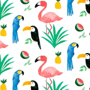 Tropical Fabric, Birds Watermelon and Pineapple, 100% Cotton Fabric by the Half Metre