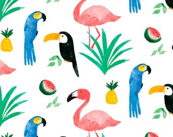 Tropical Fabric, Birds Watermelon and Pineapple, 100% Cotton Fabric by the Half Metre