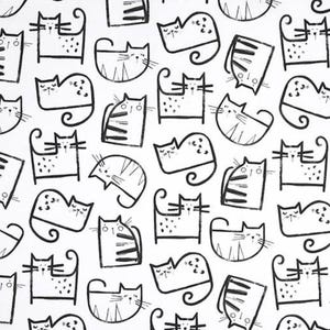 Black and White Cute Cats Fabric, 100%  Cotton Cretonne Fabric, Sold by the Half Metre