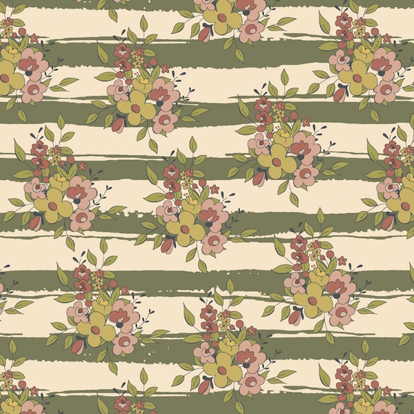 Stripe Floral Moss Green Cotton Fabric, Sold by the Half Metre