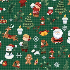 Christmas Digital Cotton Fabric, Winter Wonderland, Santa Claus, Reindeer, Snowman, Sold by the Half Metre