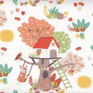 May include: A white treehouse with a red roof and a heart-shaped window sits in a tree with green and orange leaves. A bunny rabbit on a swing, a bird, and a ladder are also featured in the illustration. The background is white with a repeating pattern of flowers, hearts, butterflies, and suns.