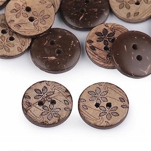 Engraved Coconut Shell Buttons, 2 Hole Floral Pattern, Natural Eco-Friendly Sewing Buttons, 18mm Rustic Craft Buttons for DIY Projects