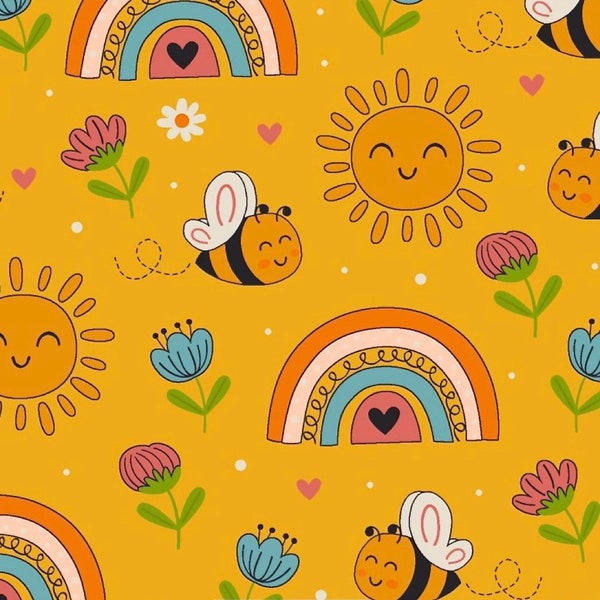 Bijen, regenbogen en zonneschijn, 100% quiltkatoen, verkocht per halve meter