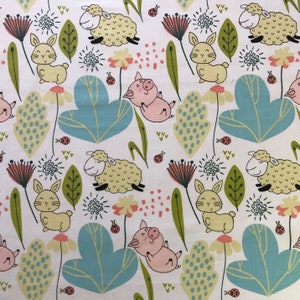 Cute Farm Animals, Sheep, Pig, Rabbit, 100% Cotton Fabric by the Half Metre