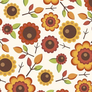 Autumn Flowers and Leaves 100% Cotton Fabric, Sold by the Half Metre
