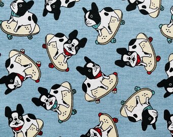 French Bulldog on Skate, Frenchie Print Cotton Fabric, Sold by the Half Metre