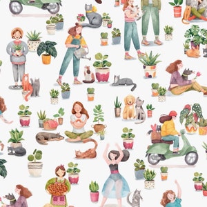 Girls, Plants and Pets 100% Cotton Fabric, Digital Print, Sold by the Half Metre