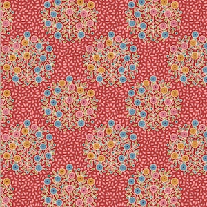 Könnte beinhalten: Ein nahtloses Muster mit einem sich wiederholenden Design aus stilisierten Blumensträußen in Blautönen, Rosa, Gelb und Grün auf rotem Hintergrund.