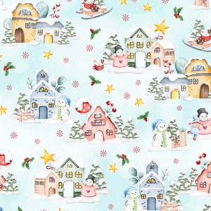 Cute Christmas Fabric, Christmas Village, Digital Cotton, Sold by the Half Metre