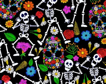 Halloween Fabric, Skeletons, Sugar Skulls and Flowers, Digital Printed, Sold by the Half Metre, Width 150cm / 59"