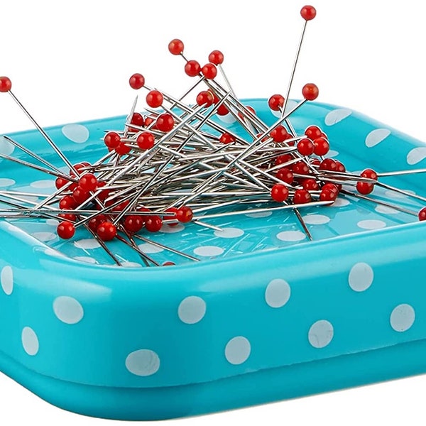 Prym Magnetic Pin Cushion with Red Glass-Headed Pins, Magnetic Pin Holder