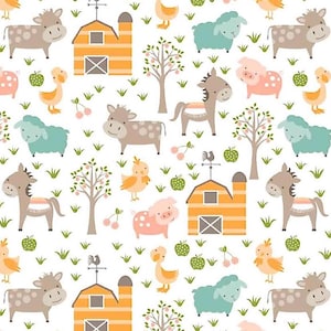 Cute Farm Life Scene, Cows, Sheep, Donkeys, Pigs, Ducks, Cotton Fabric sold by the Half Metre