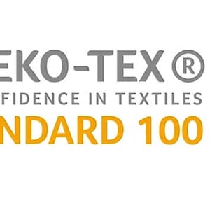 May include: Gray and white Oeko-Tex Standard 100 logo with the text "Confidence in Textiles" and a stylized gray circle with a globe inside.