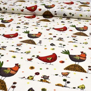 May include: White fabric with a repeating pattern of red, brown and yellow chickens and chicks. The chickens are standing on brown mounds and the chicks are scattered throughout the fabric.