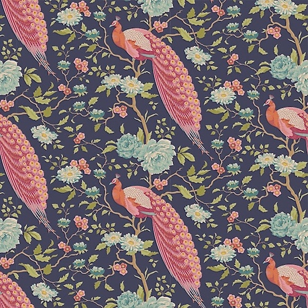 Tilda Fabric, Chic Escape Collection, Peacock Tree Navy Blue, 100448, vendido por medio metro