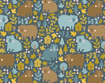 Woodland Bears Fabric, Forest Animals, Cotton Fabric by the Half Metre