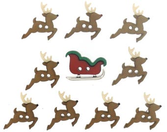 Dress It Up Buttons, Sew Cute Sleigh/Reindeer, 3D Craft Buttons, Set of 10