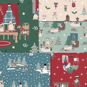 Puede incluir: Un conjunto de cuatro estampados de tela con tem&aacute;tica navide&ntilde;a que presentan perros en varias escenas navide&ntilde;as. Los estampados incluyen un estampado verde con perros reunidos alrededor de una mesa, un estampado beige con perros con gorros de Pap&aacute; Noel, un estampado azul con perros decorando un &aacute;rbol de Navidad y un estampado rojo con perros durmiendo en una cama.