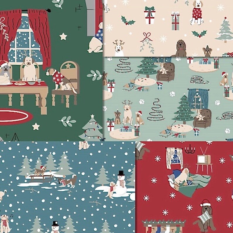 Puede incluir: Un conjunto de cuatro estampados de tela con tem&aacute;tica navide&ntilde;a que presentan perros en varias escenas navide&ntilde;as. Los estampados incluyen un estampado verde con perros reunidos alrededor de una mesa, un estampado beige con perros con gorros de Pap&aacute; Noel, un estampado azul con perros decorando un &aacute;rbol de Navidad y un estampado rojo con perros durmiendo en una cama.