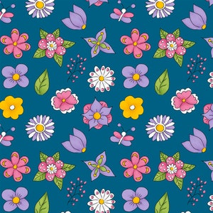 Puede incluir: Un patrón sin costuras con una variedad de flores coloridas, mariposas y hojas sobre un fondo azul verdoso. Las flores son en tonos de rosa, morado, amarillo y blanco.