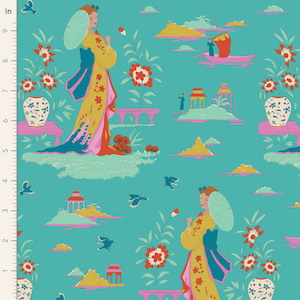 Tilda Fabric, Bloomsville Collection, Garden Vista Turquoise, 100515, Sold by the Half Metre