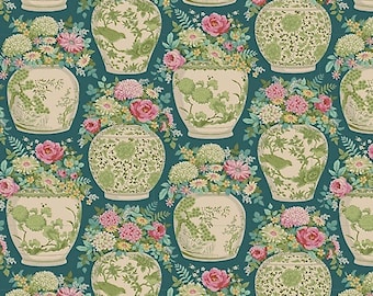 Tecido Tilda, coleção Chic Escape, vaso de flores gasolina, 100443, vendido por meio metro