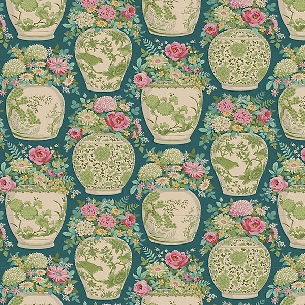 Tilda Fabric, Chic Escape Collection, Flowervase Petrol, 100443, vendido por medio metro