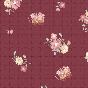 Country Flowers on Wine Red Cotton Fabric, Sold by the Half Metre