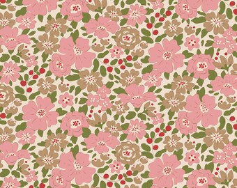 以下が含まれることがあります： クリーム色の背景にピンクと茶色の花が描かれたシームレスなパターン。花柄のデザインは画像全体に繰り返されています。