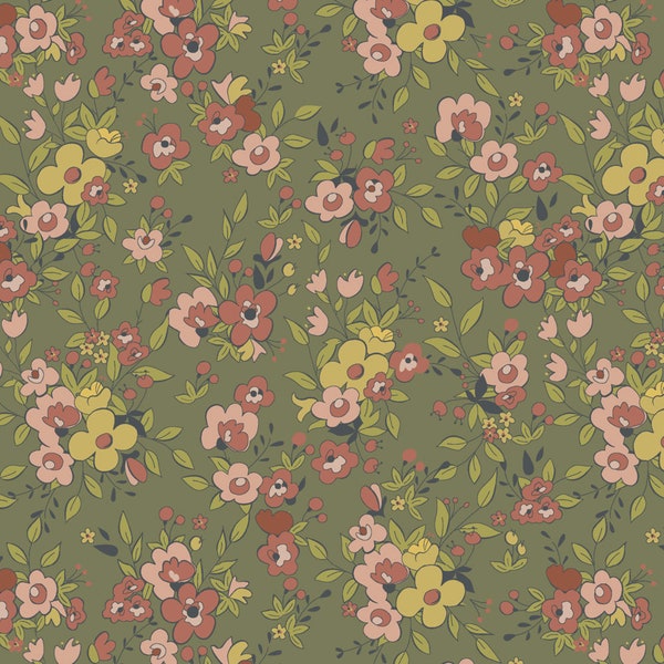 Moss Green Floral 100% Cotton Fabric by the Half Metre