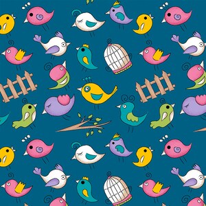 May include: A seamless pattern featuring colourful cartoon birds on a blue background. The birds are drawn in a whimsical style with various colours and patterns. There are also small fences and birdcages in the pattern.