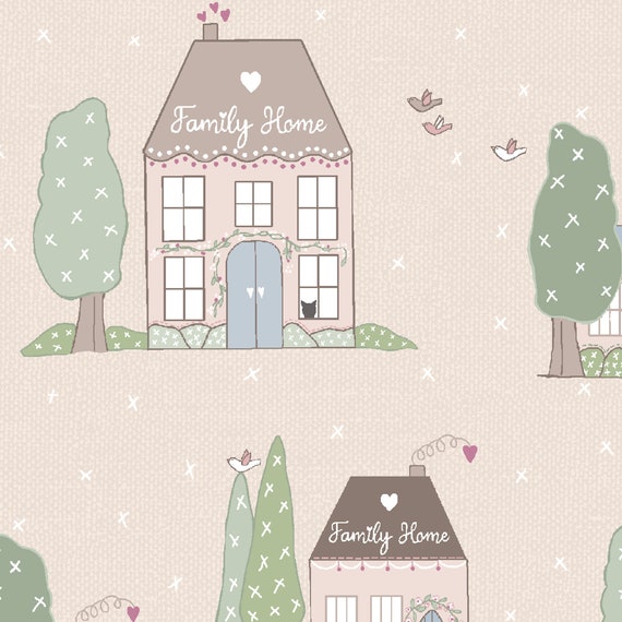 Cute Cottage Fabric, Cozy Village, Houses Fabric, 100% Cotton Sold by the Half Metre