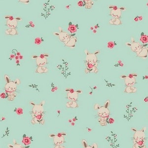 Sweet Bunny Rabbits and Pink Flowers Organic Cotton Fabric, GOTS Certified, LAST PIECE 41 x 150cm