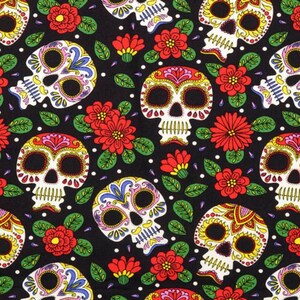 May include: A black background with a repeating pattern of colourful sugar skulls and red flowers. The sugar skulls have intricate designs and are surrounded by green leaves.