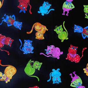 Colourful Cartoon Cats Fabric, Bright Whimsical Cat Print on Black Cotton, Tossed Cool Cats by Loralie Designs, Sold by the Half Metre