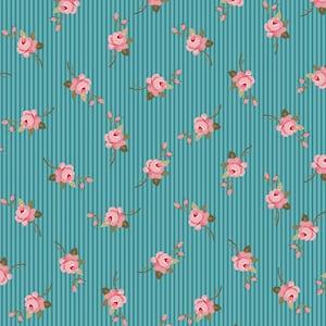 Pink Rose Bud on Blue Stripes, Floral Fabric, By the Half Metre