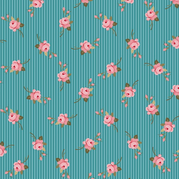 Pink Rose Bud on Blue Stripes, Floral Fabric, By the Half Metre