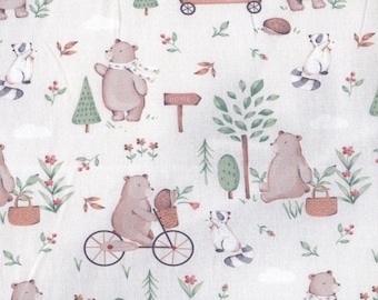 Cute Bears Fabric, Woodland Animals, 100% Cotton, Sold by the Half metre