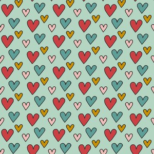 May include: A seamless pattern featuring a variety of hearts in red, teal, pink, and yellow on a light blue background.