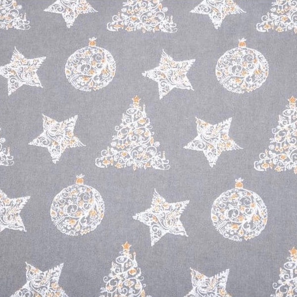 Christmas Baubles, Trees and Stars Cotton Fabric, Sold by the Half Metre