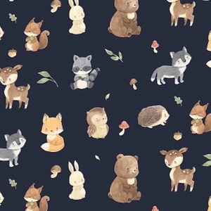 Forest Animals Fabric, Deer, Squirl, Owl, Fox, Digital Print, Sold by the Half Metre