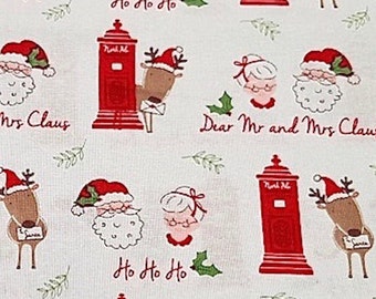 Christmas Fabric, Mrs and Mr Claus,  Reindeer, Post Letter, 100% Cotton by the Half Metre
