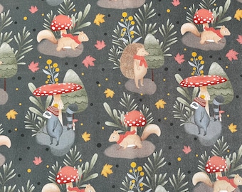 Mushroom Hedgehogs Raccoons in the Forest, Woodland Animals, 100% Cotton Fabric by the Half Metre