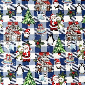 Santa and Snowman Christmas Fabric, Christmas Trees, 100% Cotton, Sold by the Half Metre