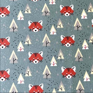 Red Panda Fabric, Cute Woodland Animal Print on Soft Cotton, Forest Trees Pattern, Quilting & Crafting Fabric, Sold by the Half Metre