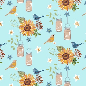 Sunflowers and Birds, Summer Fabric,  100% Cotton Fabric by the Half Metre